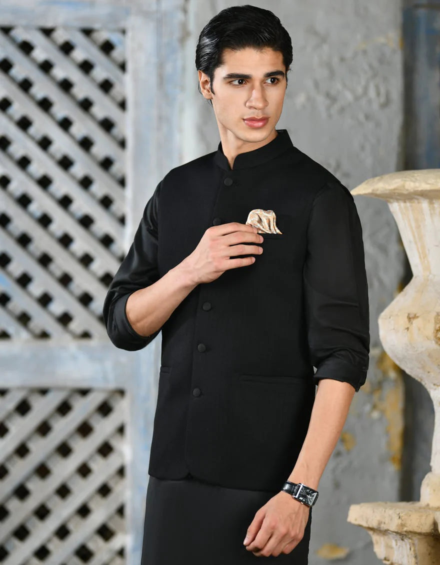 BLACK WAISTCOAT | JJVC-A-27380-R18-AP/S26/JJ11028-FL – J. Junaid